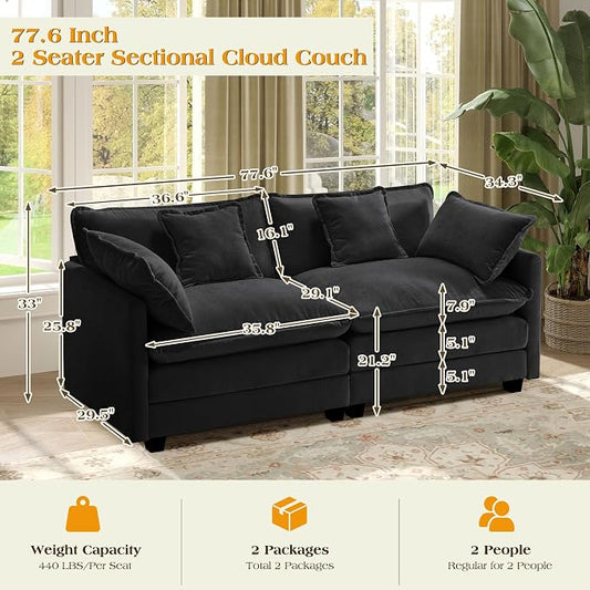 77.6" Modular Sectional Sofa,Loveseat Couch for Living Room, Modern Deep Seat Sofa 2 Seater Chenille Fabric Comfy Cloud Couches with Throw Pillows for Apartment,Small Spaces