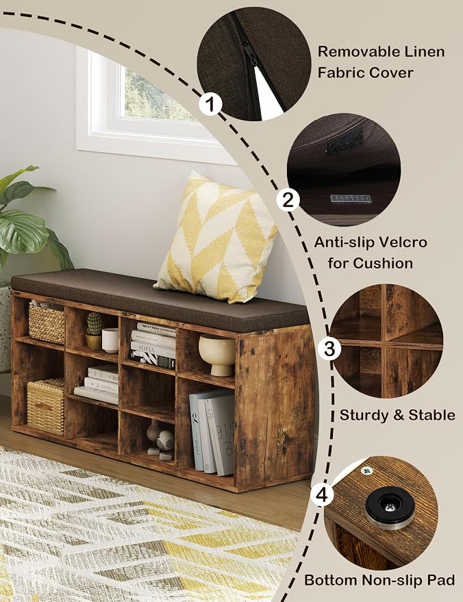 DINZI LVJ Shoe Storage Bench with Cushion, Cubby Shoe Rack with 12 Cubbies, Adjustable Shelves, Multifunctional Shoe Organizer Bench for Entryway, Mudroom, Hallway, Closet and Garage, Rustic Brown