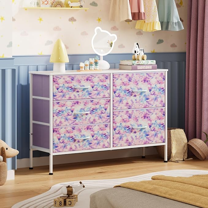 WLIVE Dresser for Bedroom with 5 Drawers, Wide Chest of Drawers for Bedroom, Fabric Dresser for Living Room, Closet, Hallway, Tie-dye Print (Pink, Purple, Blue)