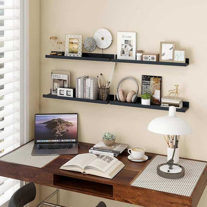 Axeman Picture Ledge Shelf | 24 Inch Black Floating Shelves Set of 4 | Rustic Wood Wall Shelves with Lip | 24" Black Picture Shelves for Wall with Ledge | Photo Shelves