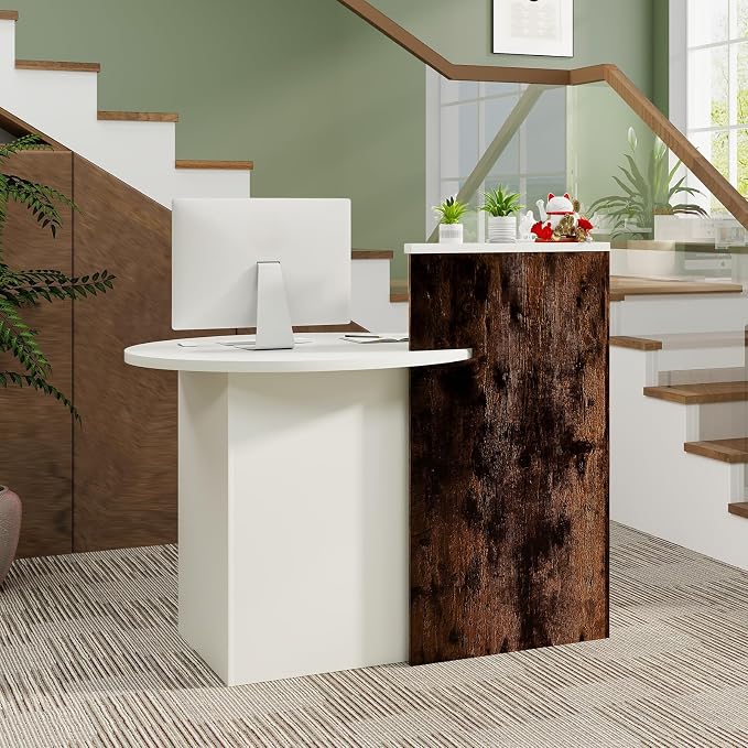 Reception Desk, Retail Checkout Counter w/Lockable Drawer & Open Shelves, Computer Workstation, Small Front Desk Reception Counter for Company Lobby Store Salon Office (White & Rustic Brown)
