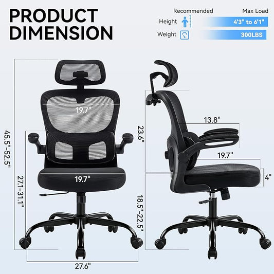 AreShark Office Chair-Ergonomic Desk Chair with Hidden Hanger & Flip-Up Arms, High Back Mesh Computer Chair with 2D Headrest & Adjustable Lumbar, Comfy Rolling Task Chair for Home Work Gaming, Black