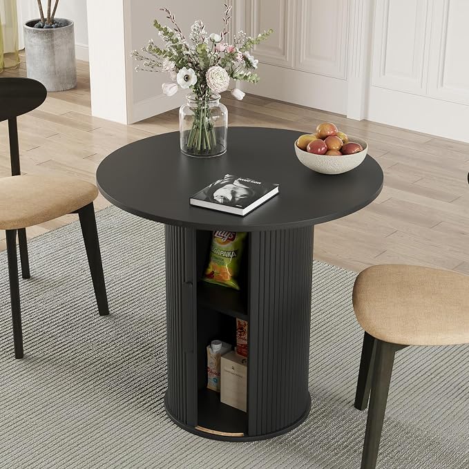 31.5" Round Dining Table for 2-4, Modern Kitchen Table with 2-Tier Storage Shelf, Small Wooden Circle Dining Tables with Fluted Base for Home Dining Room Living Room (Black)
