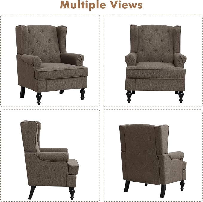 Accent Chair Set of 2, Mid Century Modern Fabric Wingback Chair, Upholstered Armchair with High Back and Vintage Legs, Comfy Single Sofa Side Reading Chair for Living Room Bedroom, Brown