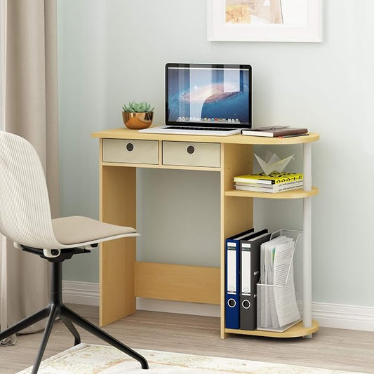 Furinno Go Green Desk, 31.5" Wide Gaming Desk with 2 Side Shelves and Storage Bins, Computer Desk, Office Desk for Home Office, Study Room, Dorm, Bedroom, Beech
