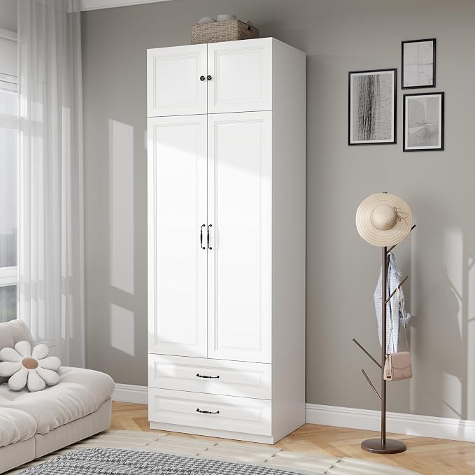 Armoire Wardrobe Closet with Doors: 89" Extra Tall White Wardrobe with Storage on Top, Bedroom Armoires with 2 Doors and 2 Drawers, Large Wood Closet Armoire for Hanging Clothes