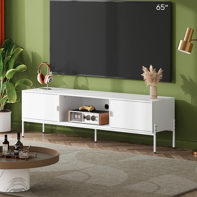 WLIVE 58" TV Stand for 65 Inch TVs, Mid Century Modern Entertainment Center with 2 Storage Cabinets & Open Shelf, Media Console Table with Metal Legs for Living Room, Bedroom, White