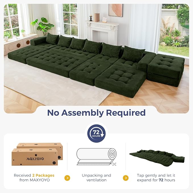 MAXYOYO Modular Sectional Sofa Couch, Foldable U Shaped Cloud Couch with Pillows, Tufted 7-Seat Boneless Lounger Floor Sofa Bed for Living Room, No Assembly Required, Dark Green