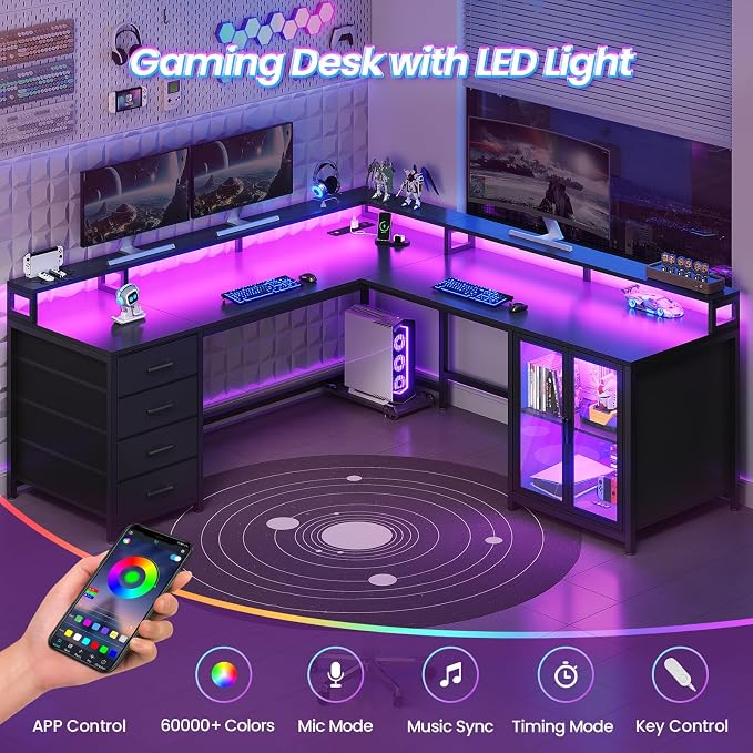 SEDETA L Shaped Gaming Desk with 4 Drawers, 109” Computer Desk with Display Cabinet, Home Office Desks with 2 Monitor Stands, CPU Stand, LED Lights and Power Outlet, Black