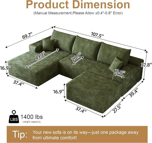 AUGOP 108" Sectional Couches for Living Room Modern Modular Sofa with L-Shape Couchs Upholstered Boneless Couch Deep Seat Sectional Couch with Chaise (Green, Left Facing Chaise+2Seaters+1Ottoman)