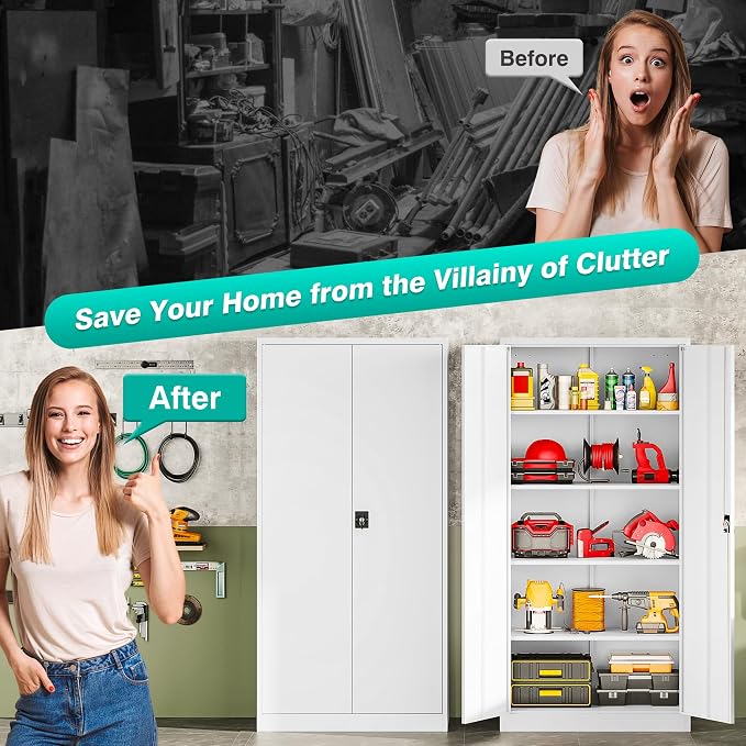 SISESOL White Metal Storage Cabinet with Adjustable Shelves,71" Tall Metal Cabinet with Locking Doors,Steel Cabinet with Lock,Lockable Storage Cabinets for Home,Office,Kitchen,Laundry,Pantry
