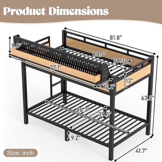Bellemave Bunk Bed Twin XL Over Twin XL,Metal Bunk beds with Storage Shelves USB Ports and LED Lights, Natural