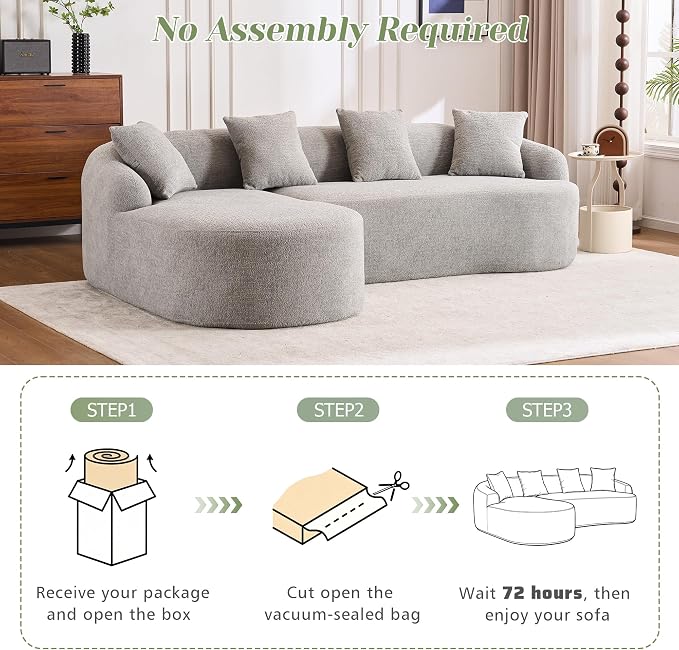 99" Curved Sofa with L-Shape Chaise,Modern Cloud Curved Couch with Deep Seat,No Assembly Required,Upholstered Oversized Couches for Living Room,Apartment (Grey, 99Inch)