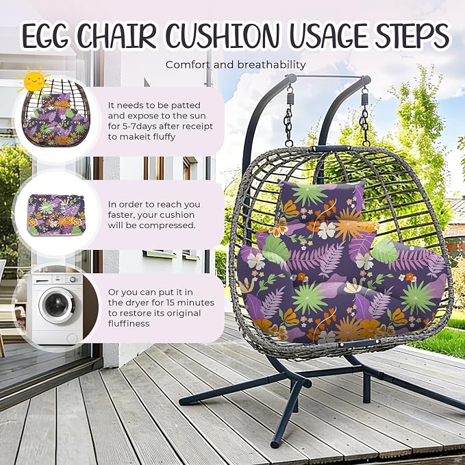 Waterproof Egg Chair Cushion Replacement 47x31.5x4.7 inch Thicken Hanging Egg Swing Chair Cushion Indoor Outdoor Wicker Rattan Hammock Basket Cushion with Headrest Pillow, Purple Leaves