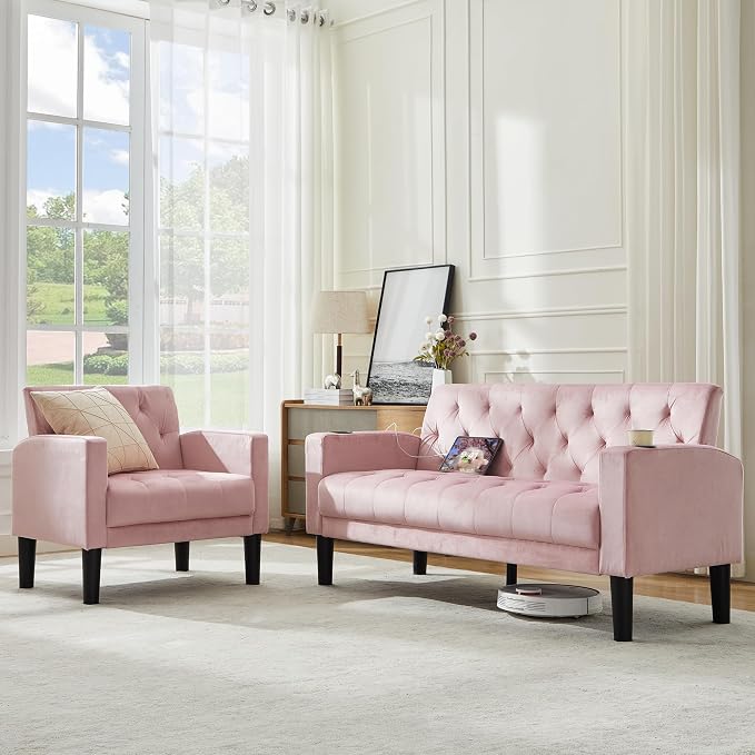 TYBOATLE Mid-Century Modern Tufted Pink Velvet Loveseat Sofa Set w/ 2 USB & 2 Cupholders, 2 Piece Living Room Furniture Sets, Small Love Seat Couches for Small Space Apartment Bedroom Office