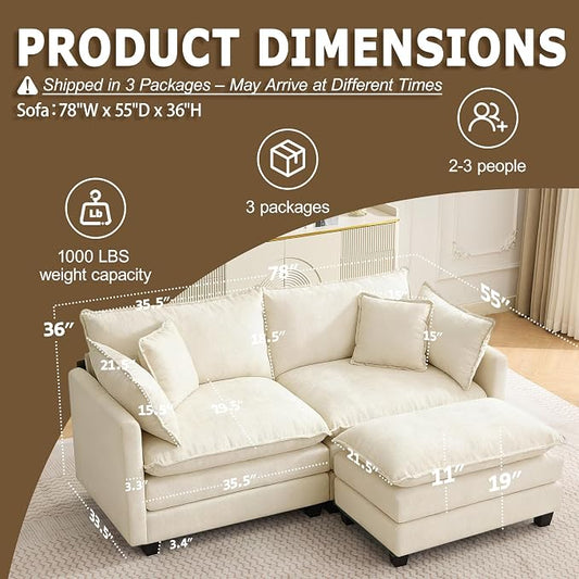 78” Modular Sectional Sofa, L Shaped Cloud Couch with Movable Ottoman, Comfy Chenille Deep Seat Sofa with Throw Pillows, 3 Seat Modern Couches for Living Room Bedroom Apartment, Beige