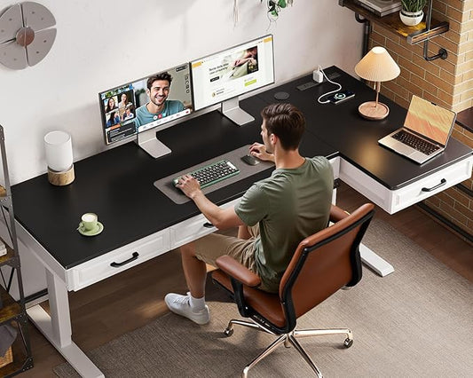 OffiGo L Shaped Electric Standing Desk with Wooden Drawers, 63 Inch Height Adjustable Corner Workstation with Power Outlets, Sit Stand Table for Home, Office, White+Black