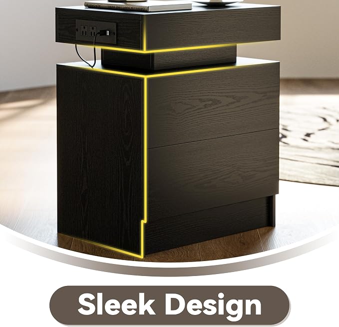 LIKIMIO Nightstand Set of 2 with Charging Station LED Light 2 Drawers Black | set of 2; bedside table; end table; charging station; LED light; 2 drawers; black wood grain; small space
