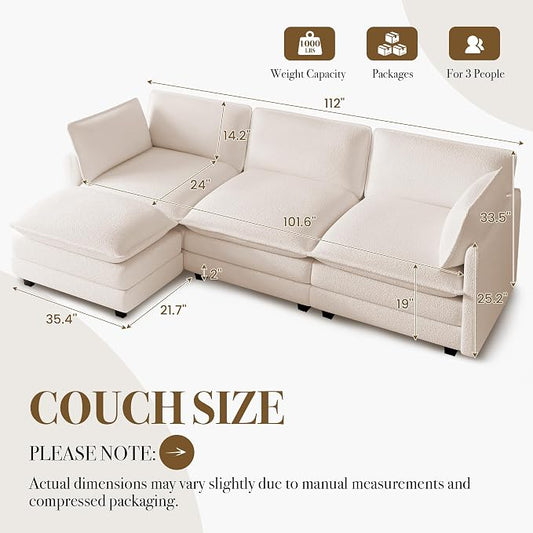 ROWHY 112'' Modular Sectional Cloud Couch with Movable Ottoman, 4 Seat Modern Chenille Sofa with 2 Throw Pillows, Deep Seat L Shaped Couch for Living Room Bedroom Apartment, Beige