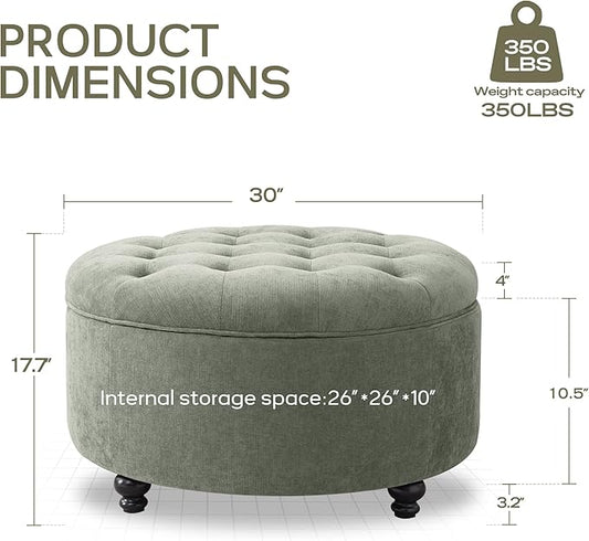 HUIMO 30-Inch Round Storage Ottoman, Modern Button Tufted Coffee Table with Removable Top, Upholstered Ottoman with Storage Footrest Stool for Living Room, Bedroom and Office(Green)