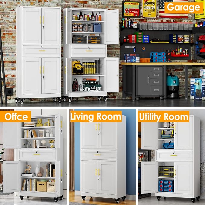 PAOFIN Metal Tall Storage Cabinet with Drawer, Garage Storage Cabinet with Locking Doors and 3 Adjustable Shelves, 71" H Steel Cabinets for Garage, Home, Office, White, Assembly Required