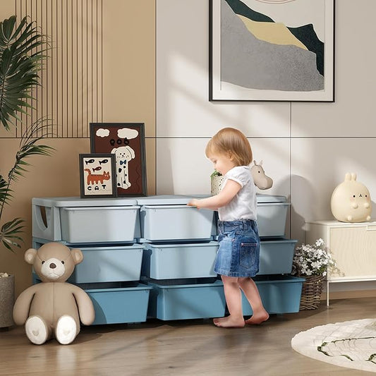Qaba 3 Tier Kids Storage Unit, Toy Organizers and Storage with 9 Drawer Chest for Kids Bedroom Nursery Kindergarten Living Room for Boys Girls Toddlers, Blue