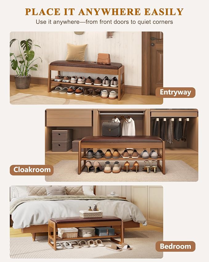 IUNVR Shoe Rack Bench with Hidden Storage, 2-TierSolid Rubberwood Entryway Bench with SoftLeather Cushioned Seat & Flip-Top Storage,330lbs Capacity, Wooden Shoe Organizer forHallway, Closet, Foyerm