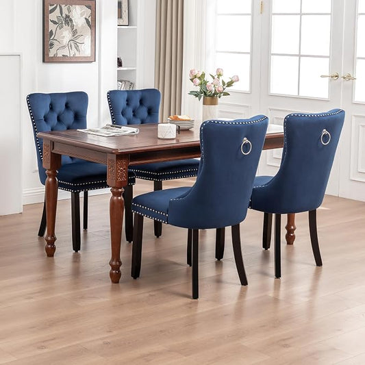 Mid Century Modern Dining Chair Set of 4 Velvet Upholstered Dining Accent Chair Farmhouse Dining Chairs with High Back and Nailhead Trim for Kitchen, Living Room, Bedroom (Blue)