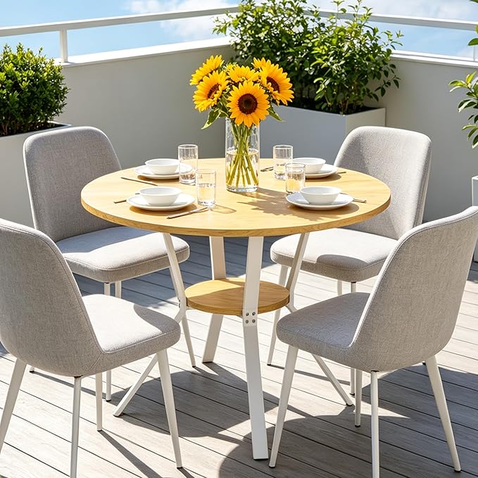Wildhome Round Dining Table for 2-4, 43 Inch Dining Room Kitchen Table with 1-Tier Storage Shelf, Modern Farmhouse Dinner Furniture with Adjustable feet,Oval Circle(43in-Oak)