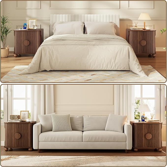 Modern Square Nightstand with Charging Station and Sliding Doors, Modern Bedside Table with Round Wooden Sliding Door Handle, Suitable for Bedroom (Walnut)