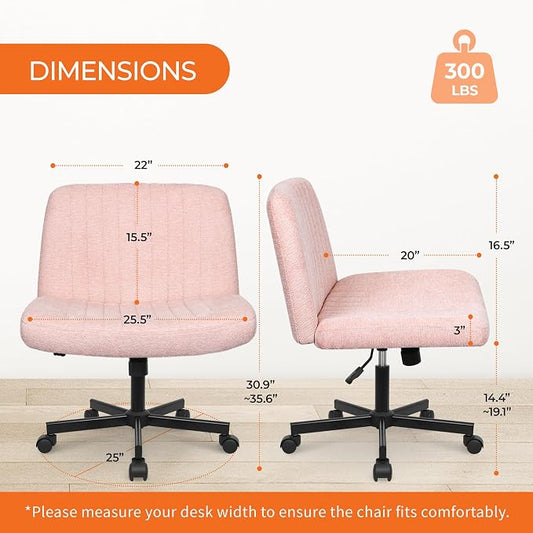 Orange Factory Criss Cross Chair Wheels Wide Cross Legged Office Desk Vanity Chair Comfy Fabric Armless Adjustable Swivel for Home Computer Task (Pink Wheel, Fabric)