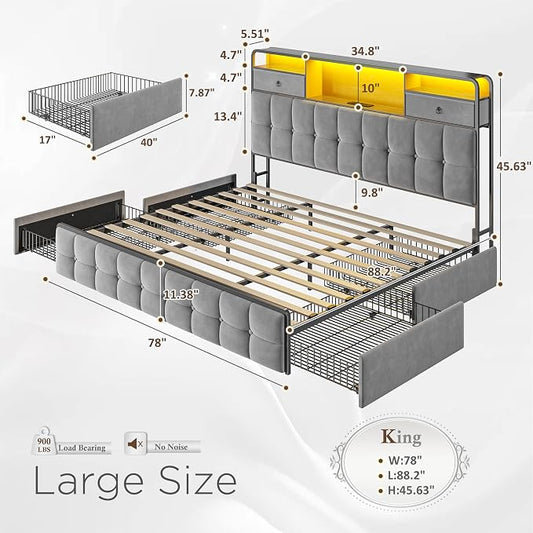 EnHomee King Size Bed Frame with 6 Storage Drawers and LED Lights,Bed Frame King Size with Velvet Upholstered Headboard and Charging Station,No Box Spring Needed,Noise-Free,Easy Assembly,Modern,Grey