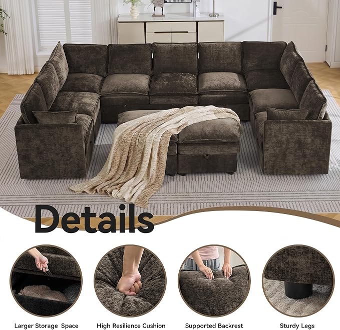 130" Brown Oversized Modular Storage Sofa, U Shaped Chenille Cloud Couch | Oversized Convertible Sectional Sofa, 9-Seat Sectional Couch With 2 Ottomans, Large Cloud Couch For Living Room, Apartment.