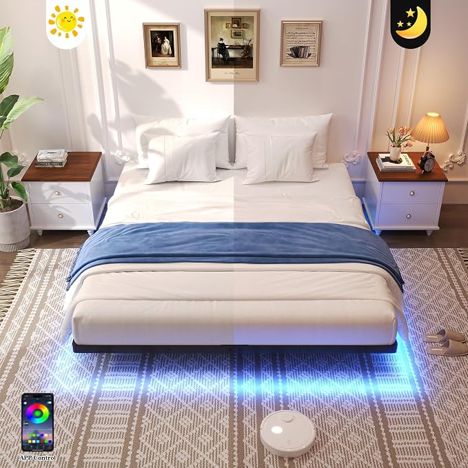 Awesofurni Floating Bed Frame Queen Size, Queen Bed Frame with Smart LED Lights, Heavy Duty Modern Metal Platform Bed No Box Spring Needed - Easy Assembly and Noise Free