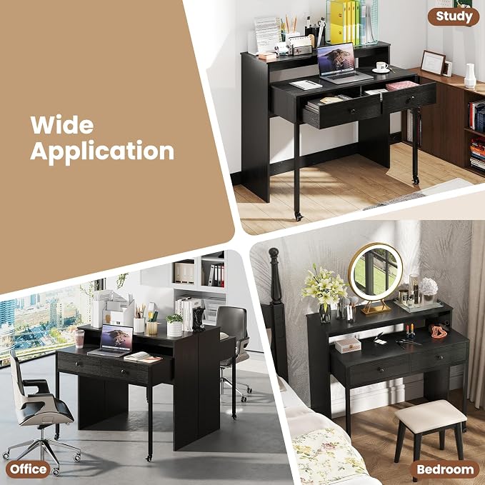 Giantex Small Computer Desk with Hutch & Drawers, Extendable Writing Desk w/Pull Out Secondary Table, Monitor Stand & Rolling Wheels, Console Table, Compact Desk for Small Spaces, Home Office (Black)