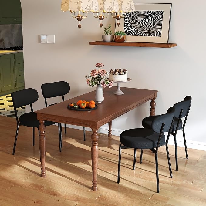 KROFEM Set of 4 Boucle Fabric Dining Chairs,Black | Mid-Century Style Comfort Sponge Filled Seat Back Dining Room Chairs for Kitchen Dining Table