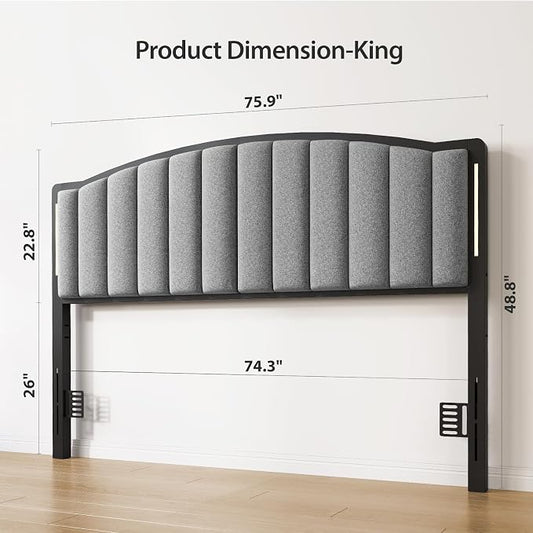 Headboard for King Size Bed with LED Lights, Upholstered Vertical Channel Tufting Head Boards, Linen Fabric Bed Headboard Only, Study & Comfortable, Ideal for Bedroom, Dorm, Guest Room, Grey