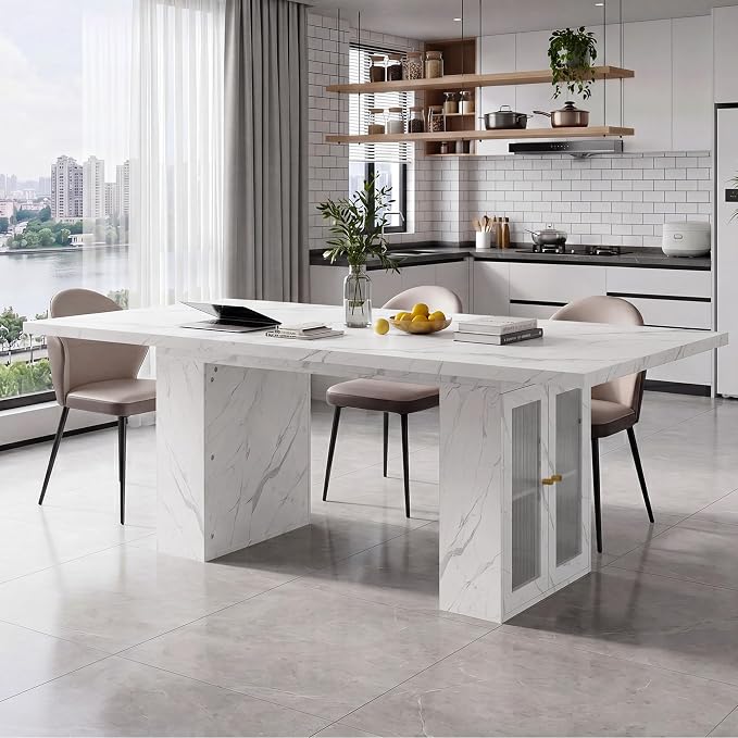 51"-78" Extendable Dining Table for 4-8, White Faux Marble Kitchen Table | Modern Dining Room Table with Hidden Storage, Rectangle Dinner Tables for Dining Room Kitchen Living Room (White Marble)