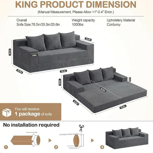 78.5” Convertible Sofa Bed,Corduroy 3 Seater Boneless Couch Bed Futon,Fold Out Couch with 3 Pillows,Loveseat Sleeper with Pull Out Bed for Living Room, Guest,Bedroom,Grey
