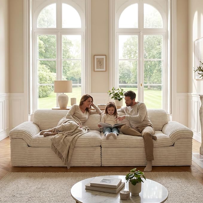Vesgantti 118" Boneless Couches for Living Room, Cloud Sectional Couch & Deep Seat, 3 Seater Comfy Corduroy Modular Sofa, Modern Slouch Couch, No Assembly Required, Beige