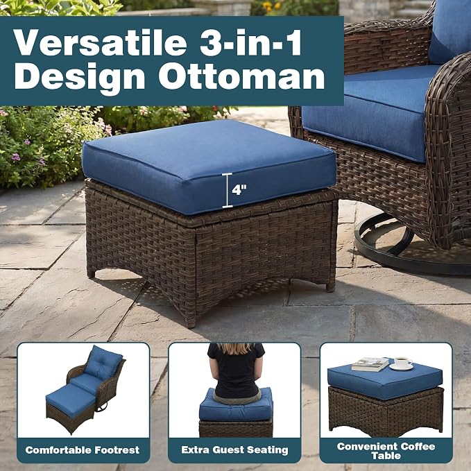 Patio Furniture Set, 12PCS Outdoor Wicker Conversation Set with 6" Thick Cushions, High Back Rattan Sofa & Swivel Rocker Chairs, Weather Resistant Olefin Fabric for Garden, Poolside, Navy Blue