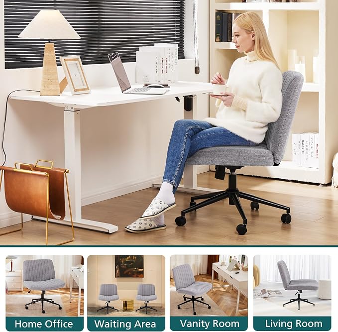 OLIXIS Criss Cross Chair with Wheels Wide Cross Legged Office Desk Vanity Chair Comfy Fabric Armless Height Adjustable Swivel for Home Computer Task Gray