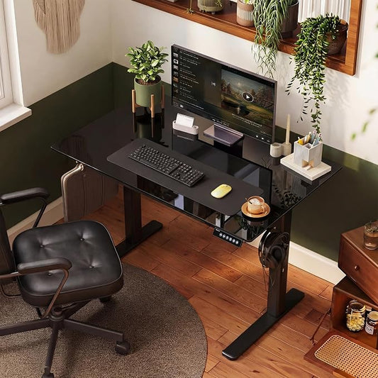 INNOVAR Glass Standing Desk with Drawers, 35×20 Inch Adjustable Stand Up Desk, Quick Install Home Office Computer Desk, Black