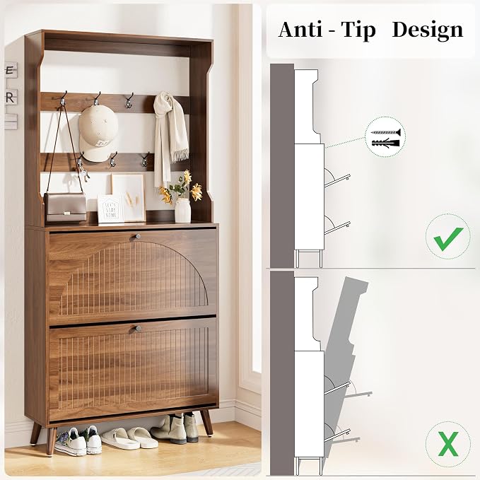 Fsbecl Shoe Cabinet for Entryway with 2 Flip Drawers & Coat Rack, Narrow Hidden Shoe Storage Cabinet with Fluted Panel, 2-in-1 Hall Tree Slim Freestanding Shoe Rack Organizer for Hallway, Walnut