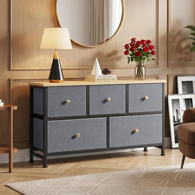 OLIXIS 5 Drawer Dresser for Bedroom, Storage Organizer Unit for Closet | Chest of Drawers for Clothes Storage with Bins, Wide Fabric Bedroom Dresser, Wooden Top, Living Room, Gray Blue
