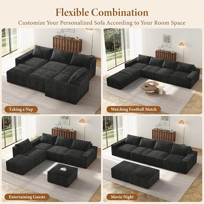 Vesgantti 145.6" Modular Boneless Couch, Modern U Shaped 6 Seater Sectional Sofa with 2 Ottoman & Deep Seat, Convertible Chenille Cloud Couches for Living Room, No Assembly Required, Black