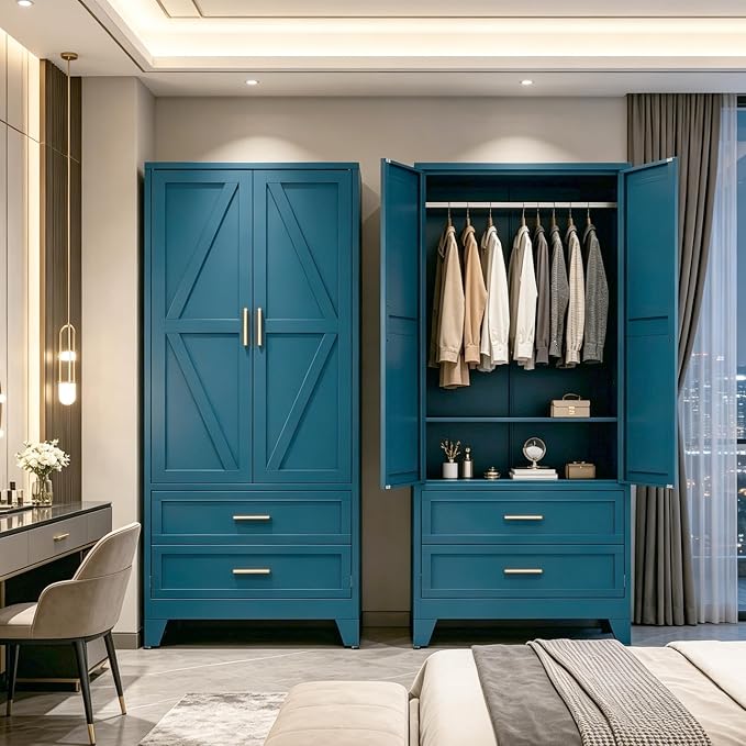 71" H Blue Closet,Armoire Wardrobe Closet,Metal Wardrobe Closet with Doors and Shelves,Large Wardrobe Closet for Bedroom