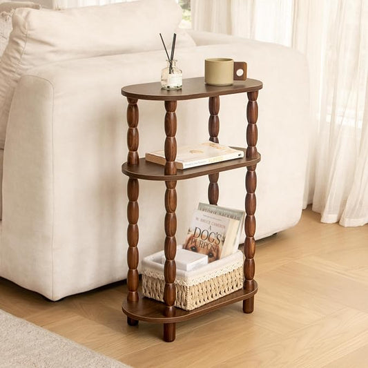 MaxSmeo Small Side Table, 3-Tier Narrow Small End Table with Storage, Skinny Bedside Table Nightstand, Bedrooms, Living Room (Walnut Brown)