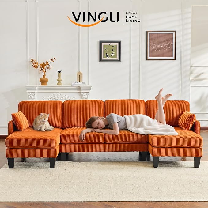 VINGLI 108" W U-Shaped Sectional Couches for Living Room, Sturdy Wooden Armrest Corduroy Cloud Couch with Double Chaise, High Support Modern 4-Seat Sectional Sofa for Apartment, Offices, Orange