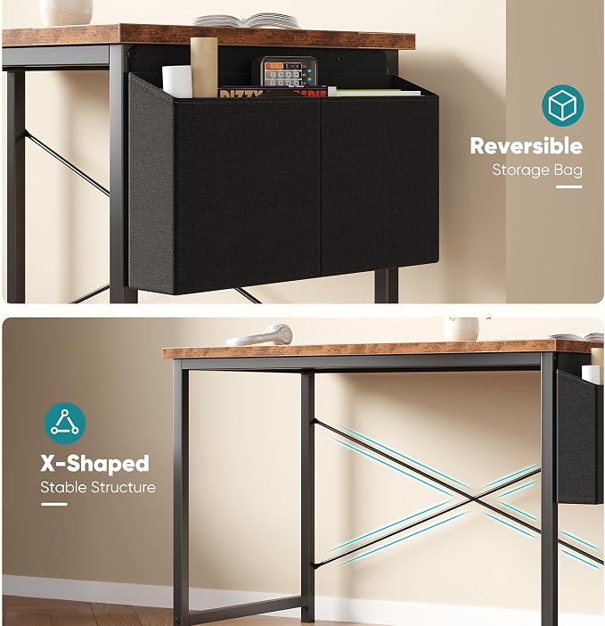 OLIXIS Computer Desk, 47 Inch Home Office Desks for Small Spaces, Writing Craft Study Gaming Table for Bedroom, Modern Computer Workstation with Storage Bag, Rustic Brown